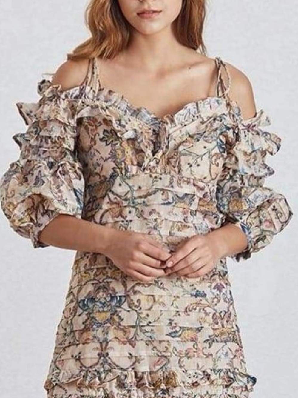 Baroque Floral Ruffle Dress in Cream